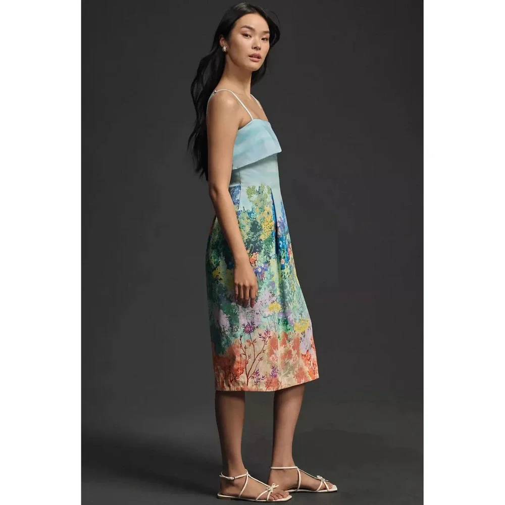 Anthropologie sleeveless fold over knee‎ length Dress floral Midi Blue Size L - Picture 3 of 14